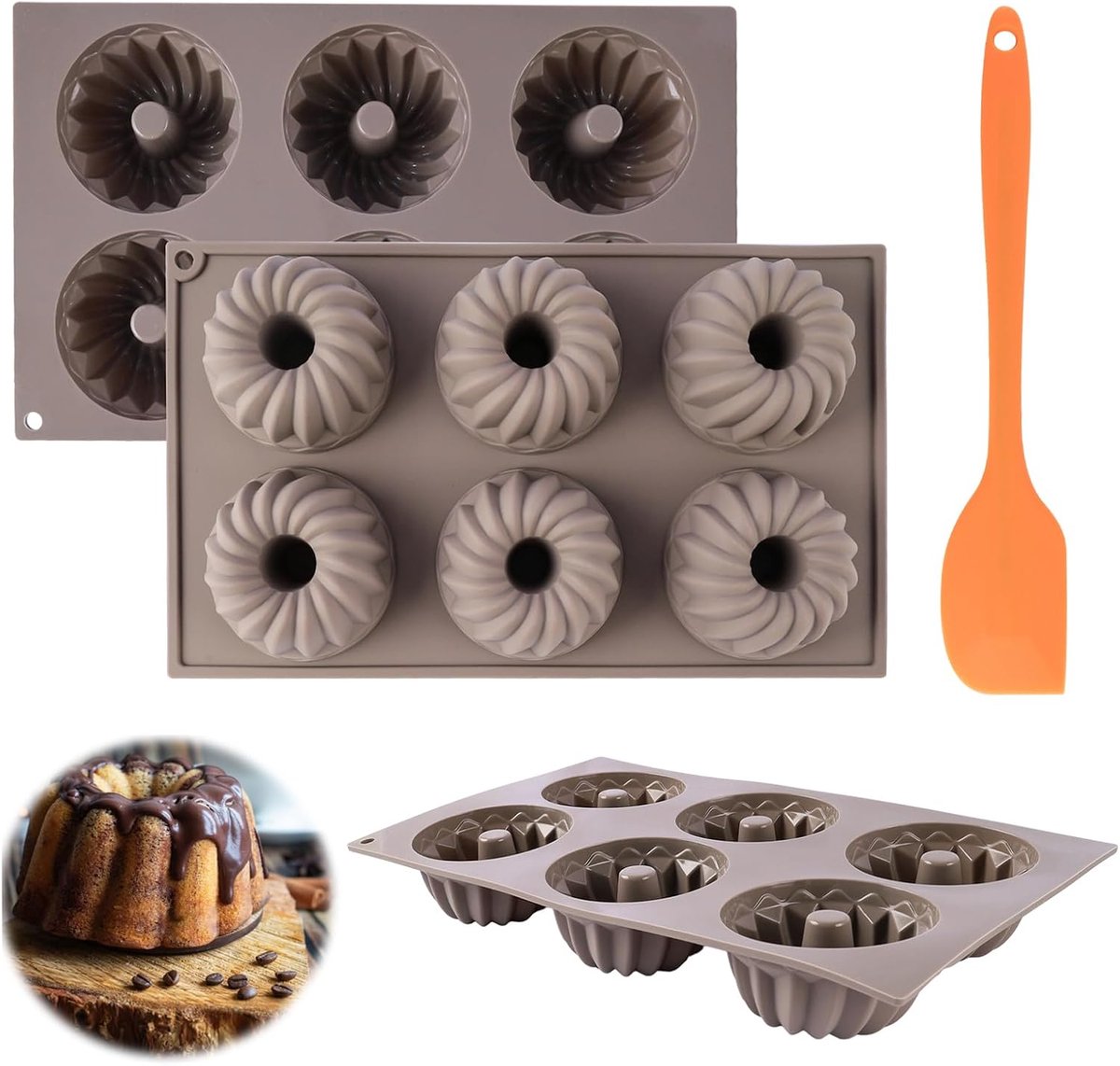SnelShoppen - Mini Turban Mould Silicone 3 Stuks - Herbruikbare Muffin Mallen voor Cupcakes, Brownies - Grijs, Diameter 8 cm