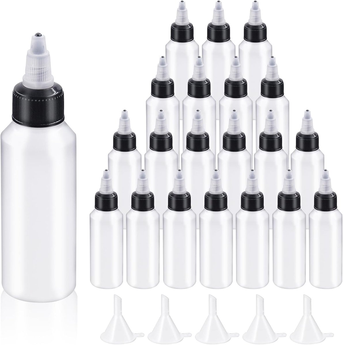SnelShoppen - 25 Stuks Transparante Dispenser Flessen Set met Kleine Trechters, 60ML Lege Squeeze Flessen met Draaidop, Boston LDPE Plastic Flessen vo