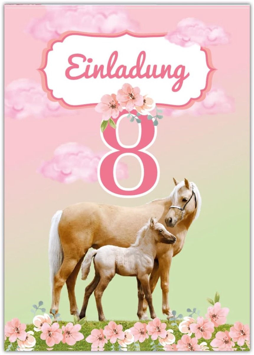 SnelShoppen - 12 Uitnodigingskaarten Voor 8e Verjaardag Meisje Paard Met Veulen - 10.5x14.8 cm - 300 g/m² - Voor Kinderfeestje - Made in Germany