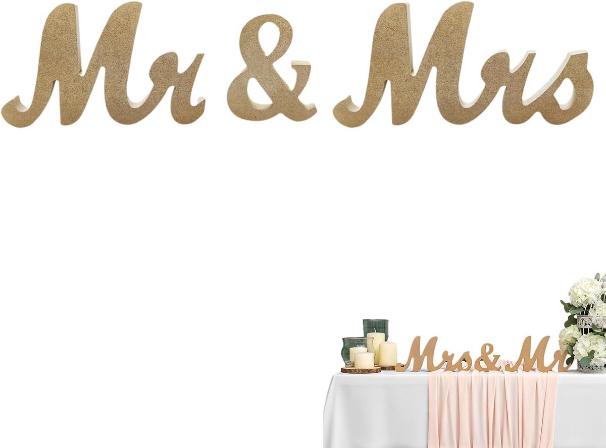 SnelShoppen - Table Decoration Wedding Wood Mr & Mrs Set - Houten Bruiloft Decoratie - Rustic Tafel Decoratie voor Feestelijke Gelegenheden - Wit/Natu