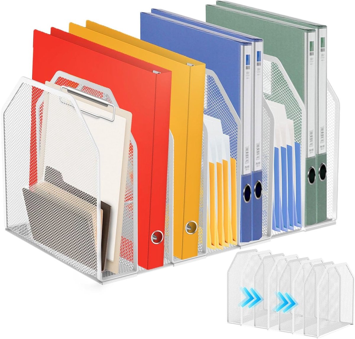 Verstelbare verticale bureaublad documentorganizer met holle gaasontwerp voor thuis, studie, kantoor en school (Wit, 7 vakken)