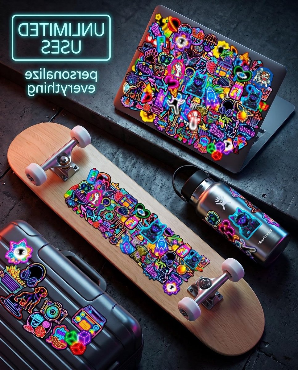Set van 100 Waterdichte Neon Stickers voor Laptop, Scrapbook, Fiets en Skateboard - Creatieve Vinyl Stickers voor Journals en Koffers