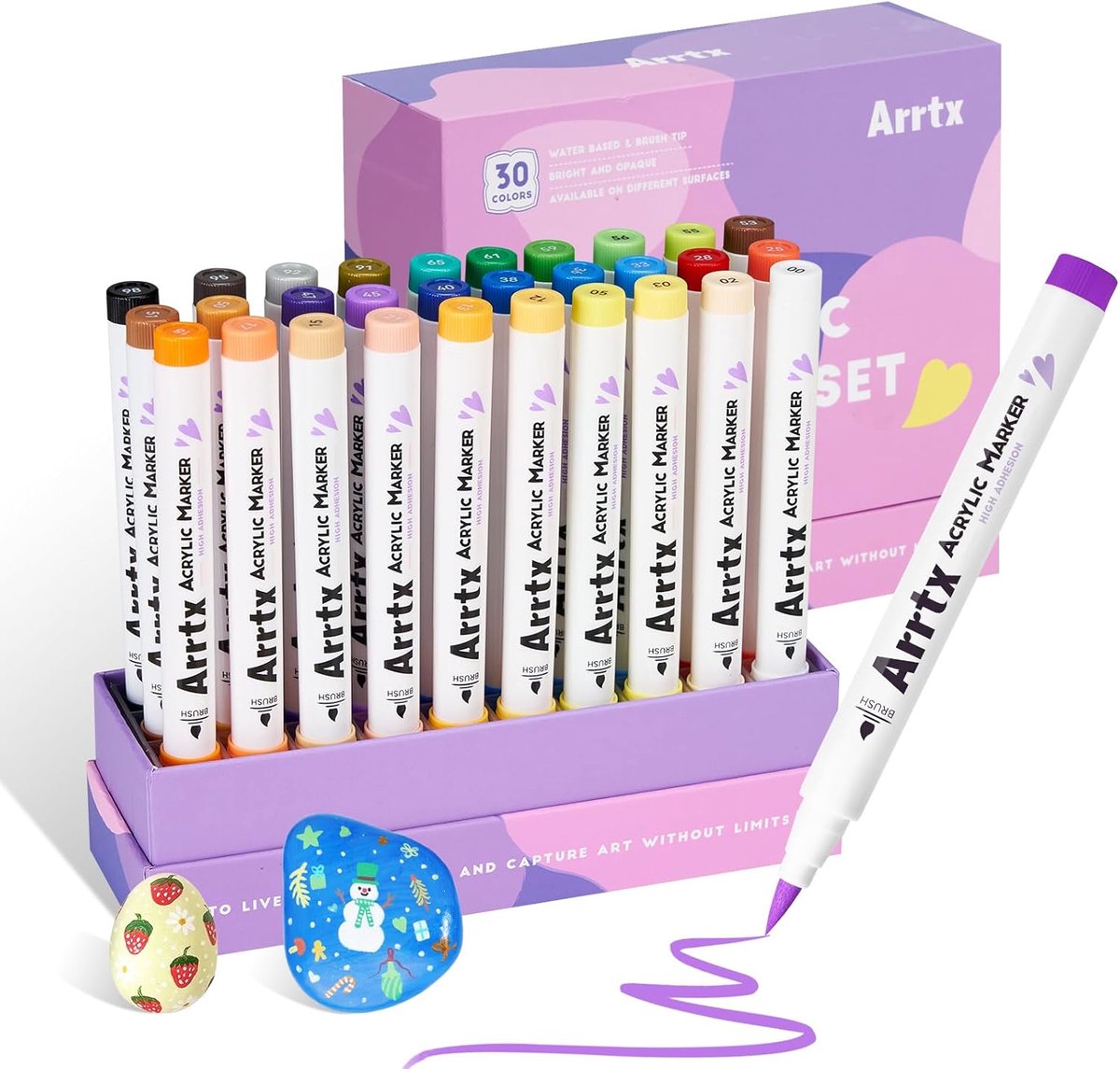 Thijox - Arrtx Acrylstiften 30 Kleuren - Waterdichte Acrylmarkeerders met Penseelpunt - Sneldrogende Verf voor Stenen, Keramiek, Hout, Glas - Niet Gif