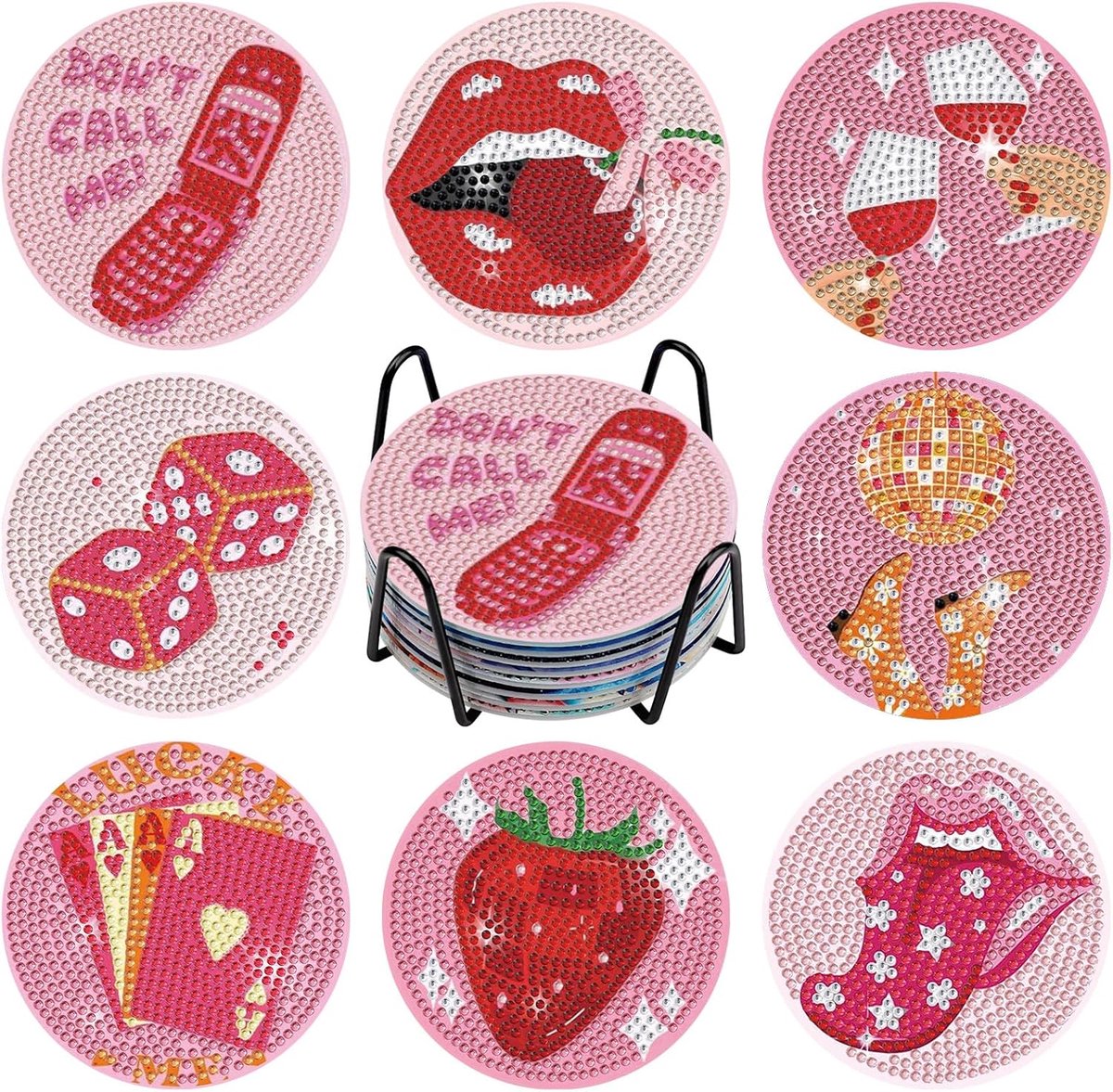 SnelShoppen - 8pcs Roze Vintage Diamant Art Coasters met Houder en Kurken Pad, DIY Coasters voor Diamant Schilderen, Boho Kits voor Volwassenen en Kin