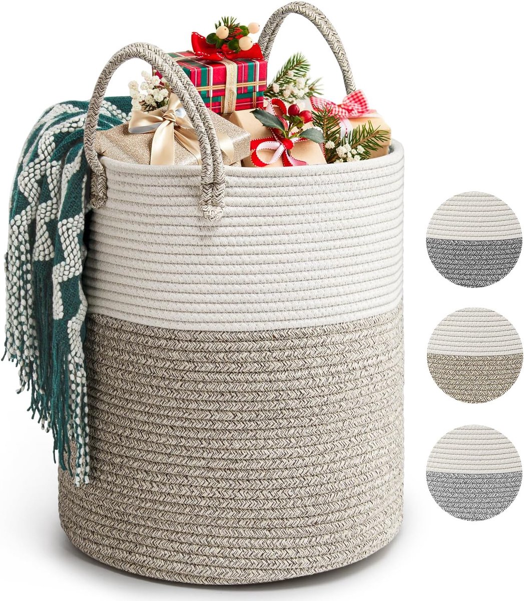 SnelShoppen - Grote Katoenen Touw Wasmand 39L - Opbergmand voor Dekens D35 x H40 CM met Handvat - Gevlochten Vouwbare Mand voor Thuisopslag en Decorat