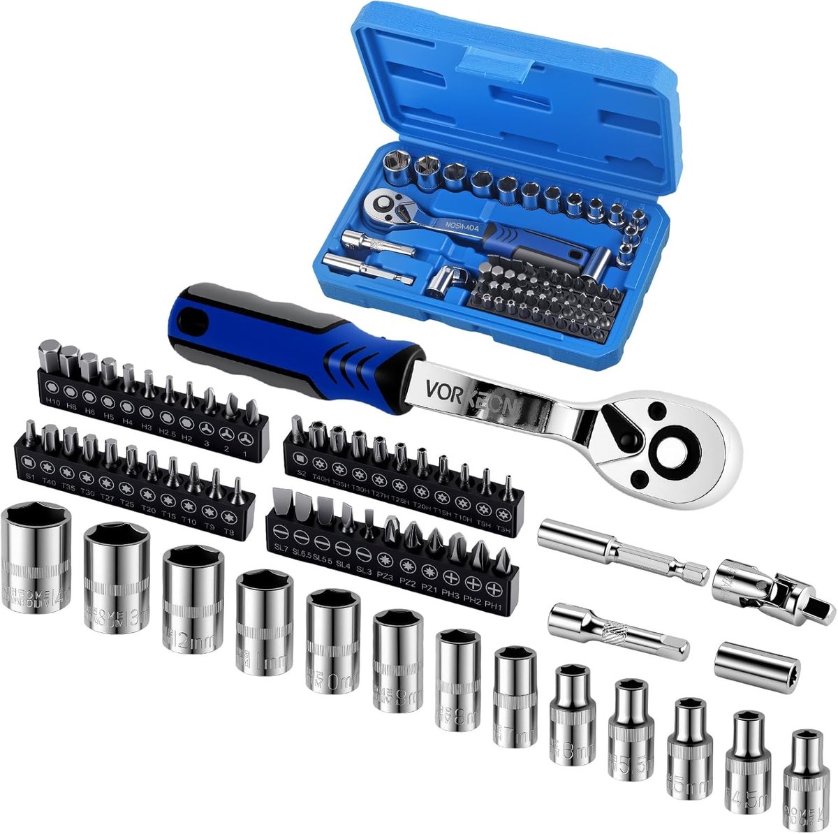 SnelShoppen - 63-delige 1/4 inch dopsleutelset met ratel, 72-tand ratelmechanisme, compacte bitset voor autoreparatie en doe-het-zelf klussen, 4-14 mm