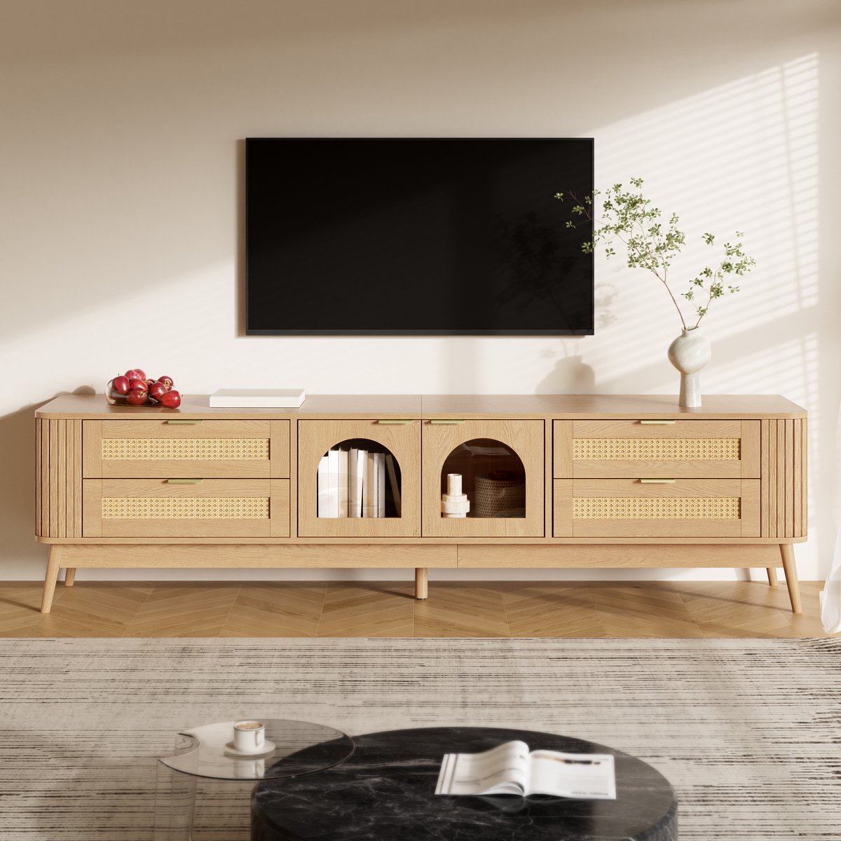 HAUSS SPOLE TV-Meubel - Met 4 Lades En Gebogen Veiligheidsglas Deuren - Ledverlichting Via