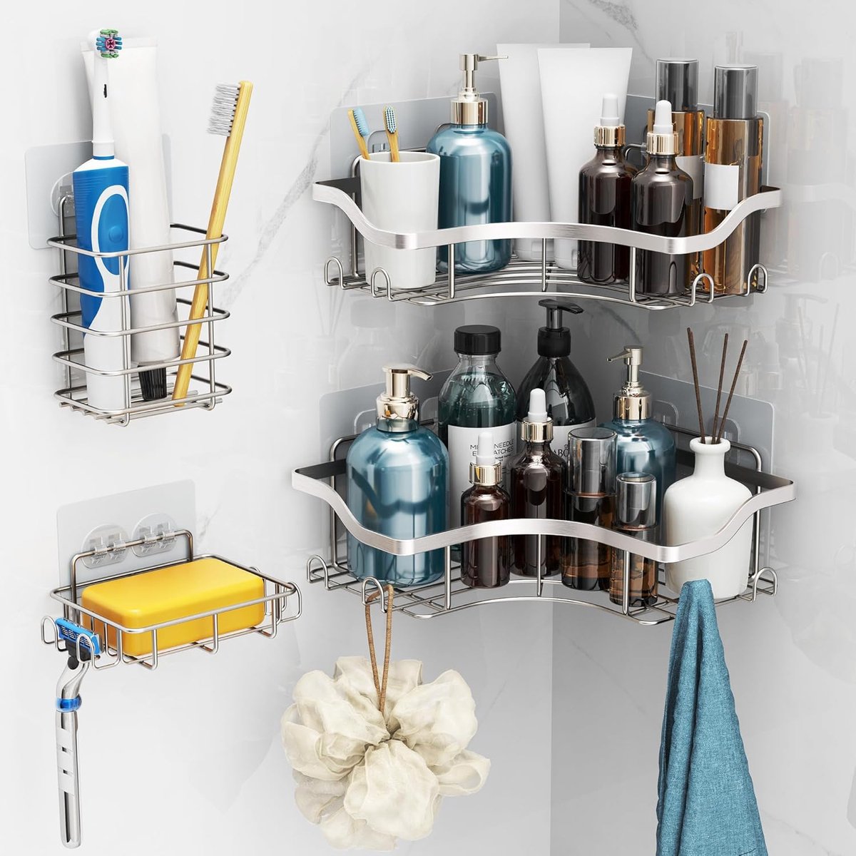 SnelShoppen - Douche Caddy Hoek Roestvrij Staal met Zeephouder en Haken - Geen Boren of Lijm, Badkamer Organizer voor Douche en Bad - Anti-Corrosie, W