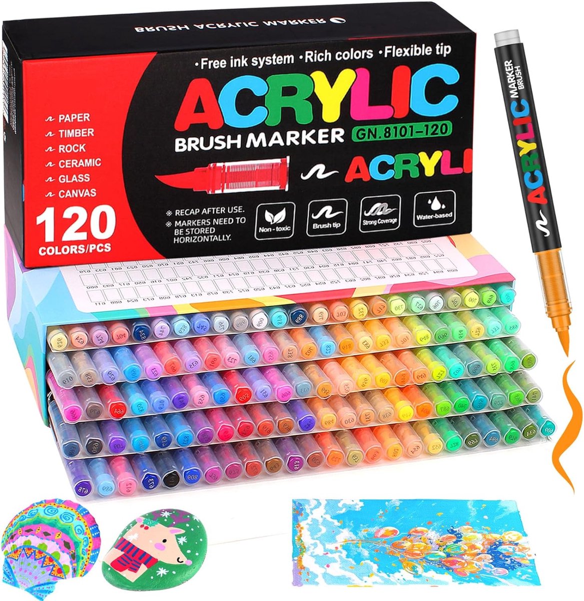SnelShoppen - 120 Kleuren Acryl Verf Pennen - Watergedragen Borstel Pennen voor Rock Art, Canvas, Hout, Steen, Keramiek, Glas, Stof - Ideaal voor Hobb