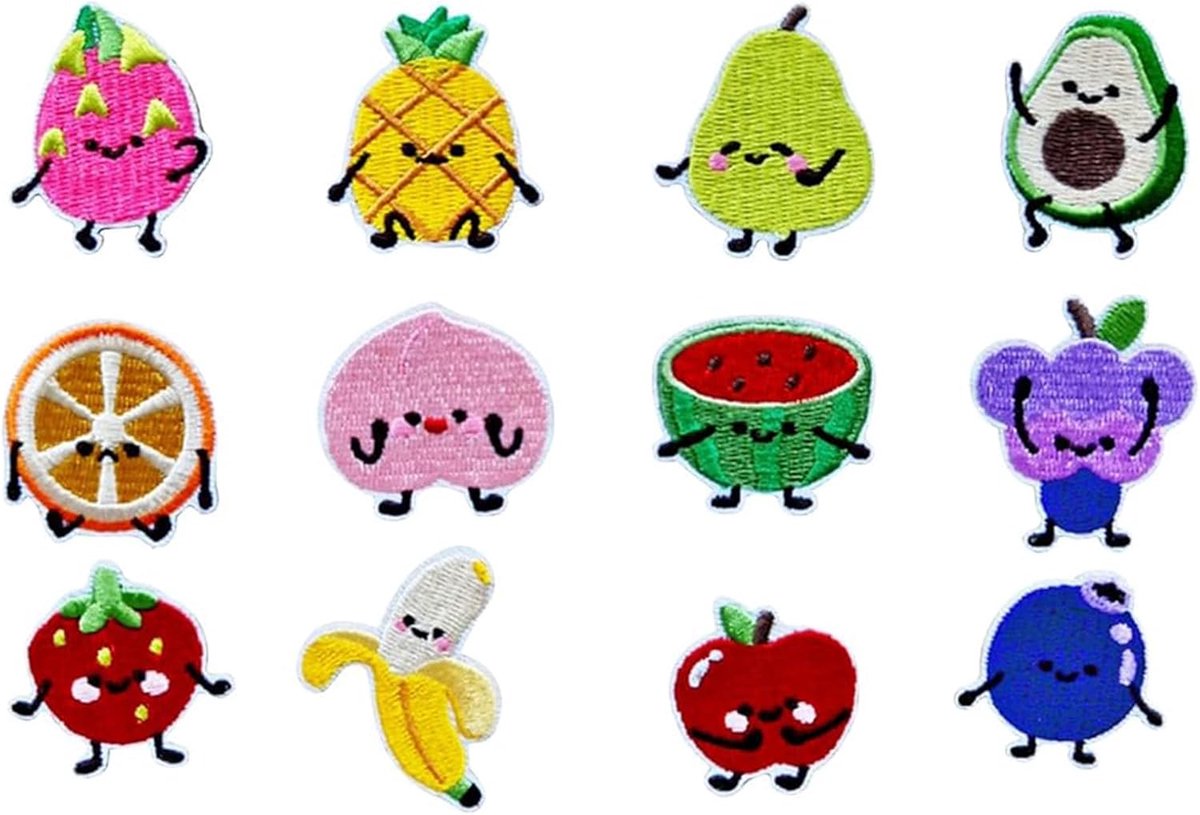SnelShoppen - Pack van 12 Fruit Strijkpatches - Kleurrijke Applicaties voor Kleding, Tassen en Accessoires - Creatieve Motieven zoals Ananas, Watermel