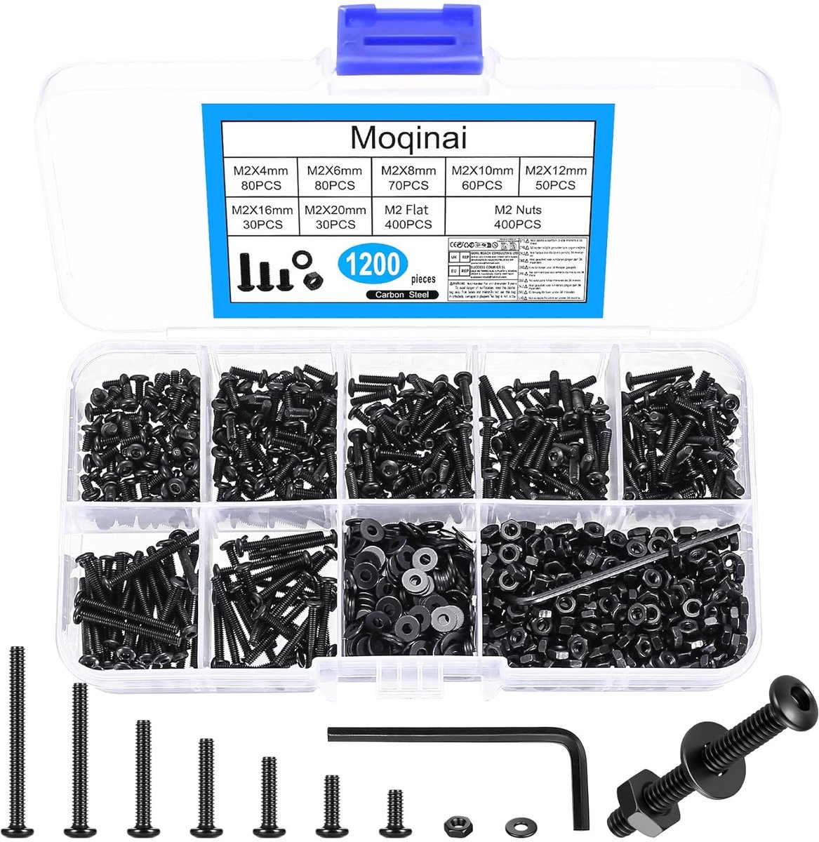 SnelShoppen - 1200 Stuks M2 Schroeven Set Zwart, Ronde Kop Inbus Schroeven met Moeren, Precisie Mini Bouten Assortiment, Metrische Bevestigingskit met