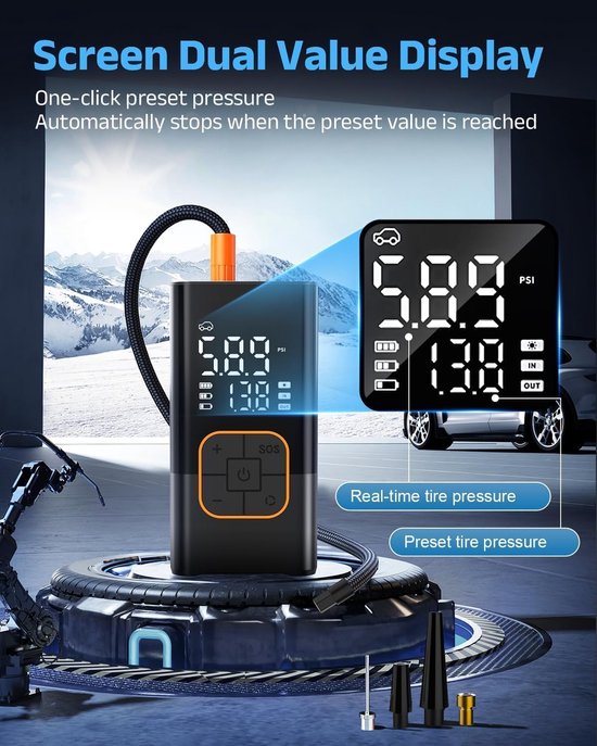 Draagbare Luchtcompressor - Elektrische Luchtpomp 150 PSI - Digitaal LCD Display - Oplaadbare Mini Compressor - LED Verlichting - Voor Auto, Motor, Fiets & Ballen — afbeelding 3