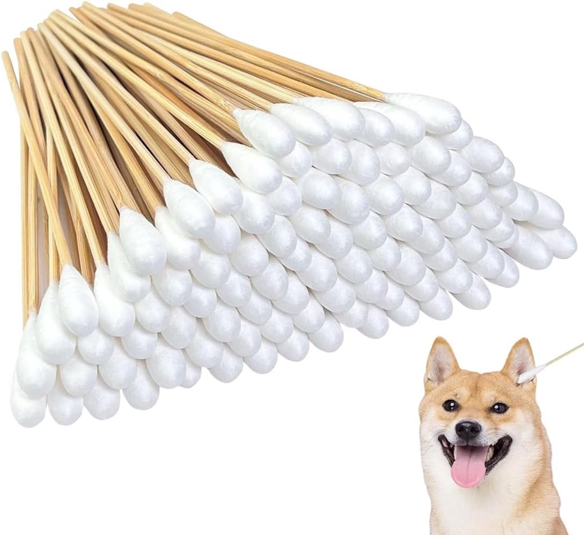 100 stuks lange wattenstaafjes voor oorreiniging van honden en katten, ideaal voor huisdieren, 12 cm, brede kop, zachte reiniging