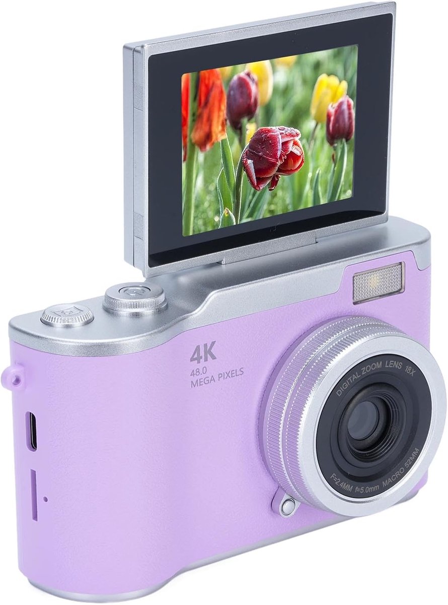 SnelShoppen - Digitale Camera 48MP 1080p met Autofocus, 2.4" Flip Screen, 18x Zoom, LED Licht en Self Timer voor Vloggen, YouTube en Reizen in Paars