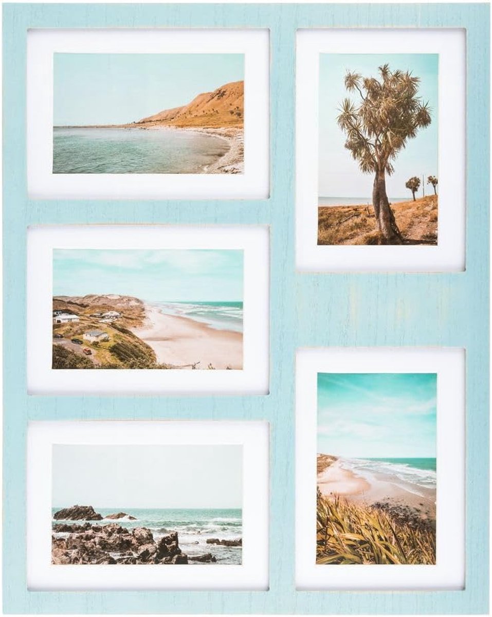 SnelShoppen - Collage Fotolijsten voor aan de Wand, Geschikt voor 5 Foto's, 5x7 of 10x10 Formaat, Rustieke Boerderijstijl, Turquoise Fotolijsten voor