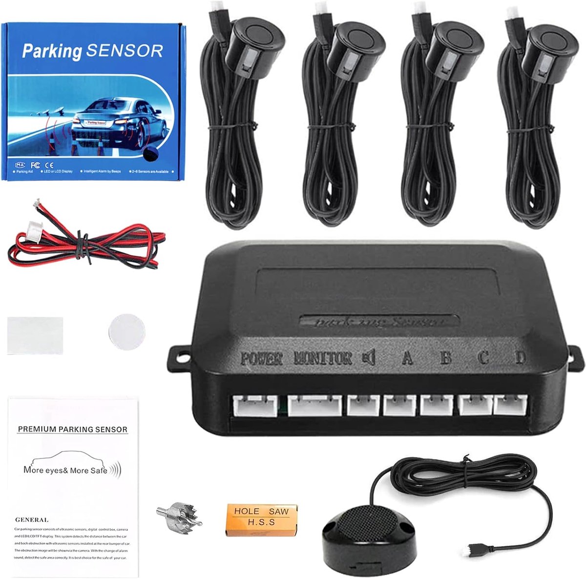 SnelShoppen - Parking Sensor Set - 4 Stuks - Achteruitrijsensoren met Akoestische Waarschuwing - Zwart - Voor Veilig Parkeren en Achteruitrijden