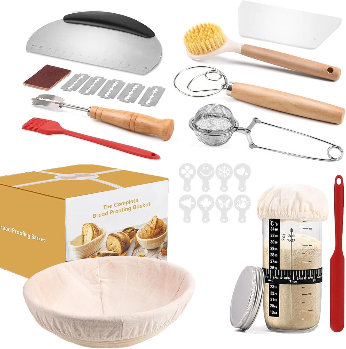 SnelShoppen - Ronde Broodbakmand Leven Starterset - Hoge Kwaliteit Rattan Bewijzelmand - Ideaal voor Beginners - Inclusief Broodbakaccessoires - Perfe