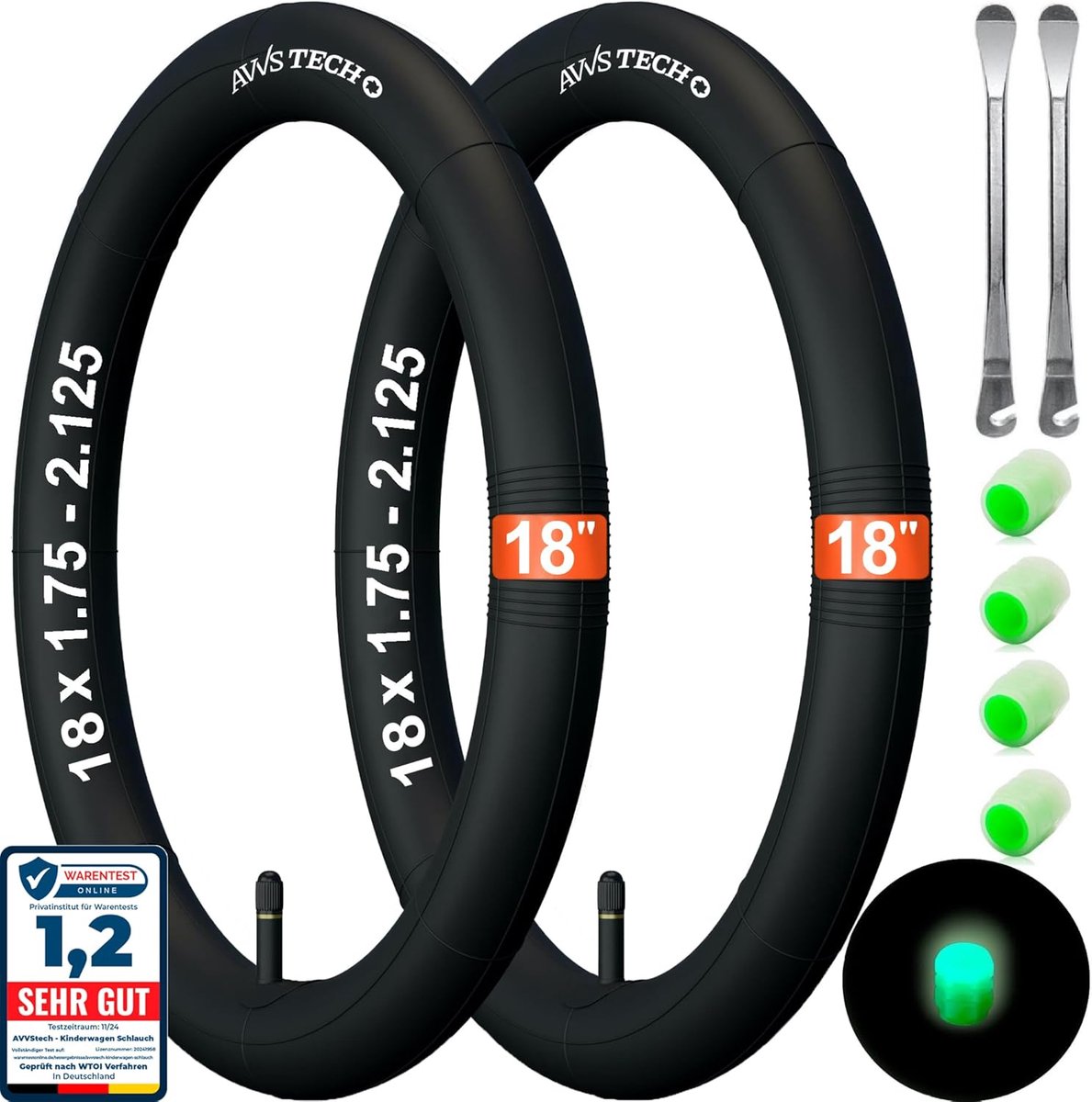 SnelShoppen - Binnenband 18 x 1,75-2,125 voor Kinderfiets, Vouwfiets en Fietskar - 2 Stuks met Bandenlichters - Schrader Ventiel 32/40 mm - Geschikt v