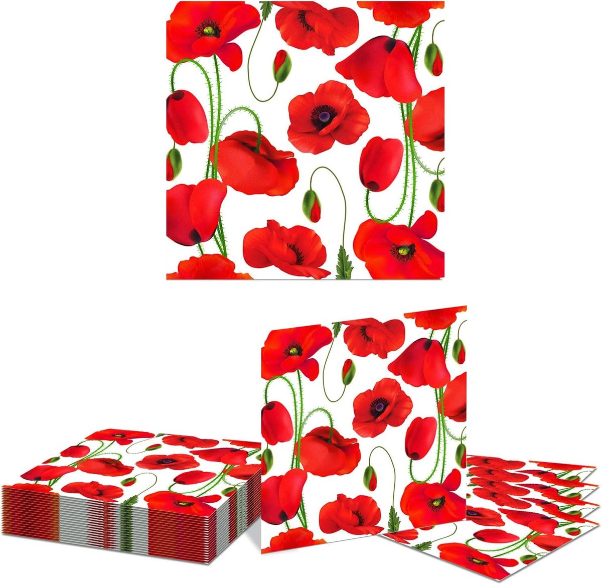 SnelShoppen - 20 Stuks Rode Papaver Servetten, Bloemrijke Papieren Wegwerpservetten voor Feest, Keuken, Barbecue, Tuin, 16.5cm, Perfect voor Lente, Zo