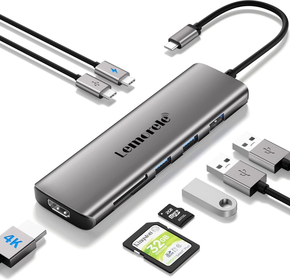 SnelShoppen - USB C Multiport Hub 8-in-1 Adapter HDMI 4K, 3 USB 3.0 Poorten, PD 100W, SD/TF Kaartlezer voor MacBook, iPad, Chromecast, Windows, SteamD