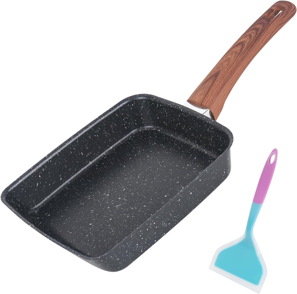 SnelShoppen - Tamagoyaki Pan - Japanse Omelet Pan met Houten Handvat - Antiaanbaklaag - Inclusief Spiegeleieren, Hamburger, Gietijzeren Pan voor Induc