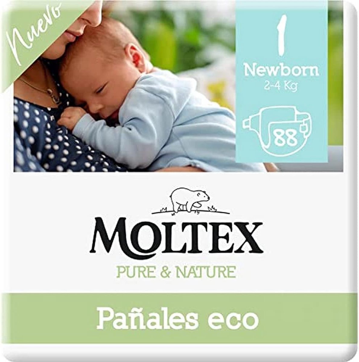 SnelShoppen - Eco-vriendelijke luiers, maat 1 (2-5kg), 88 stuks, huidvriendelijk, 100% plantaardig, zacht katoen, tot 12 uur bescherming