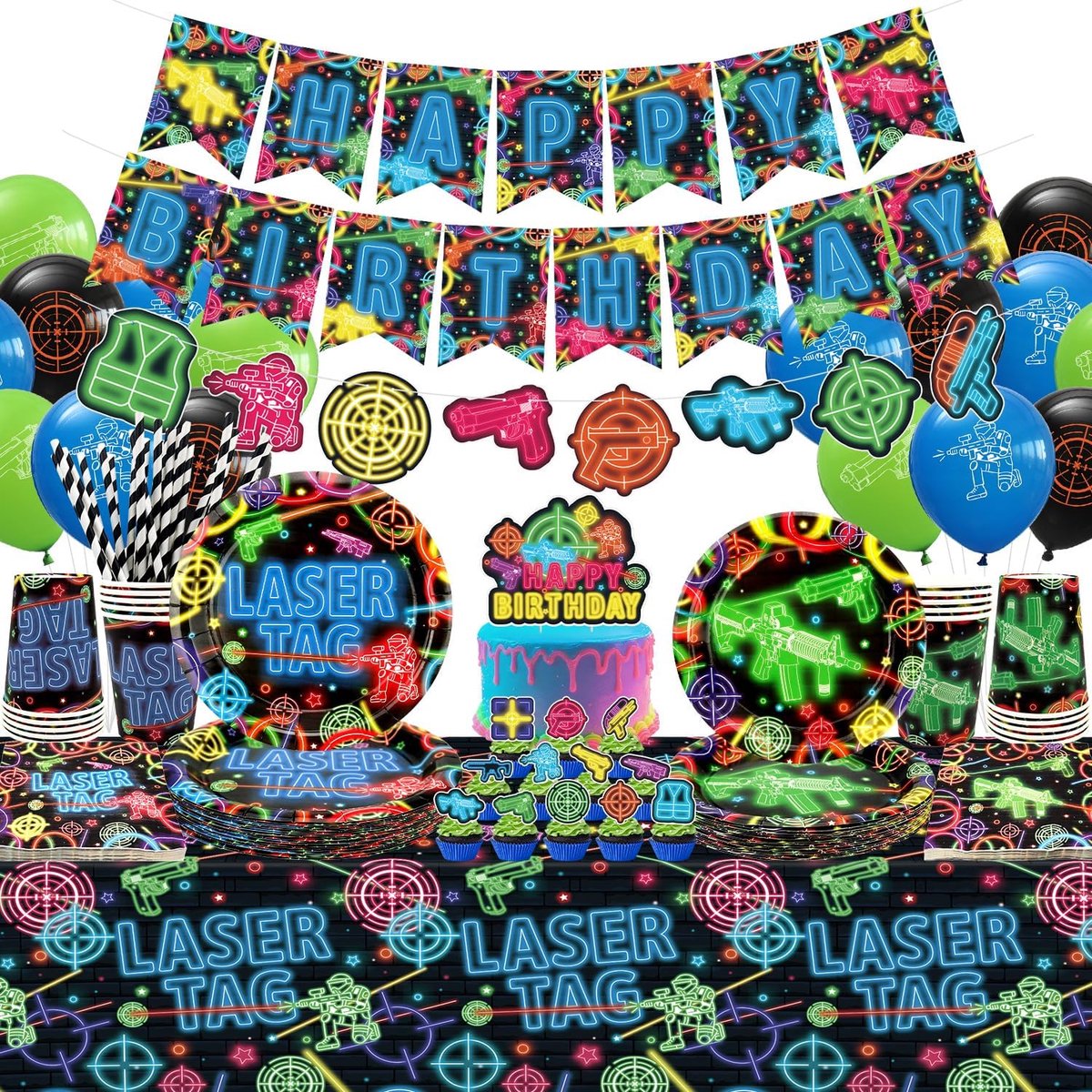 SnelShoppen - Laserdagfeestdecoraties Set voor 20 Personen - Neon Glow, Tafelkleed, Borden, Kopjes, Servetten, Ballonnen, Themabanner en Taarttoppers