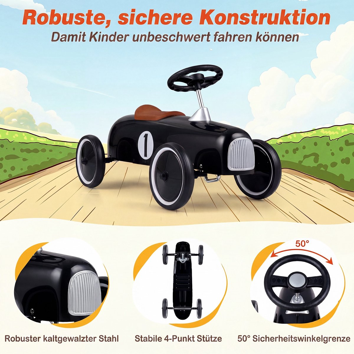 COSTWAY Rijauto van metaal voor kinderen vanaf 1 jaar (Zwart) | draagbaar rijvoertuig met stuurbegrenzing, comfortabele zit, antislipwielen, indoor/outdoor kinderauto voor jongens/meisjes