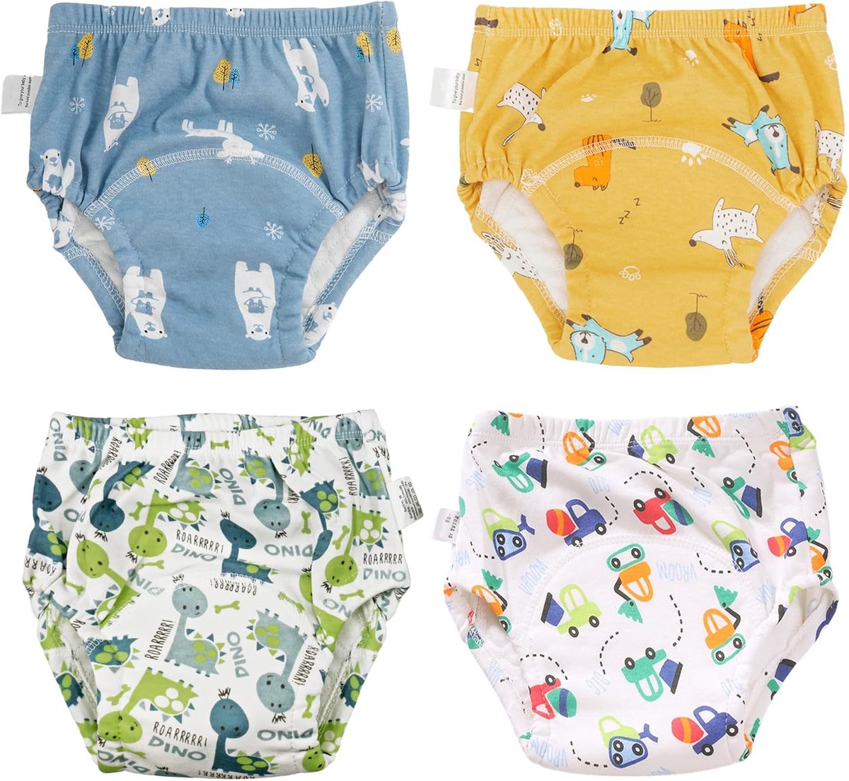 SnelShoppen - Baby Training Pants 4x Katoen Dino Auto Hond Beer, Waterdicht Herbruikbaar Ademend Blauw Geel Wit, Potty Training Ondergoed voor 2-4 Jaa