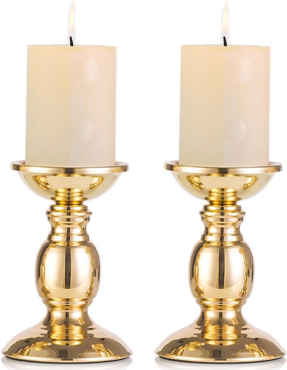 SnelShoppen - 2 Stuks Gouden Kaarsenhouders, 16cm Hoge Pillar Kaarsenstandaards, Metaal, Voor 8cm Kaarsen, Perfect voor Bruiloften, Feestjes en Woonka