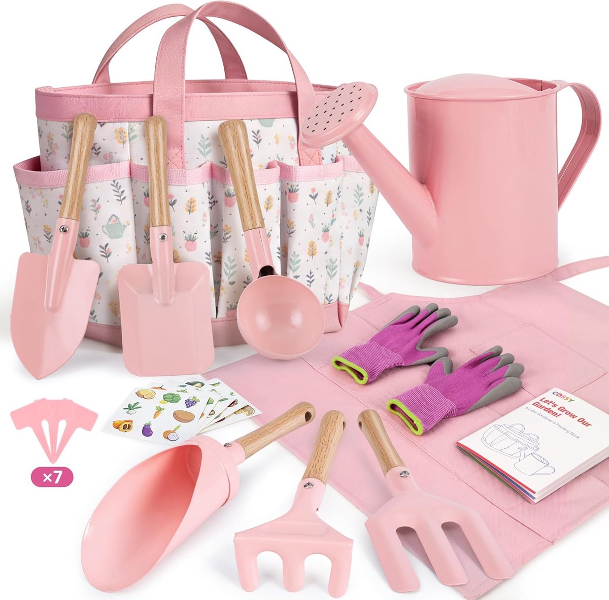SnelShoppen - Tuingereedschap voor Kinderen, Hark, Vork, Gieter, Handschoenen, Draagtas, Roze, Outdoor Speelgoed voor Jongens en Meisjes, Perfect voor