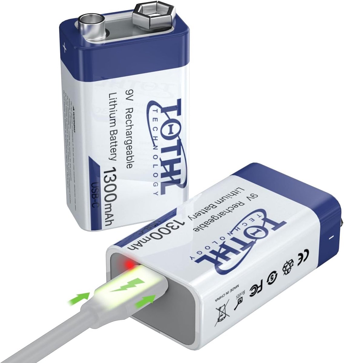 SnelShoppen - 2x 9V Oplaadbare Batterijen 1300 mAh USB C Blokbatterij voor Rookmelders, Brandmelders, Multimeter en Meer