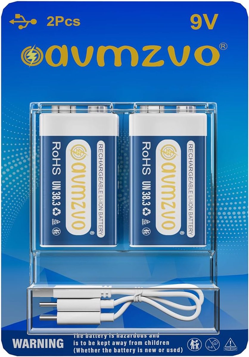 SnelShoppen - 9V Oplaadbare Batterijen - Blokbatterij 1350 mAh - USB-C Snelladen - Hoge Prestaties voor Rookmelders, Microfoons, Speelgoed, Multimeter