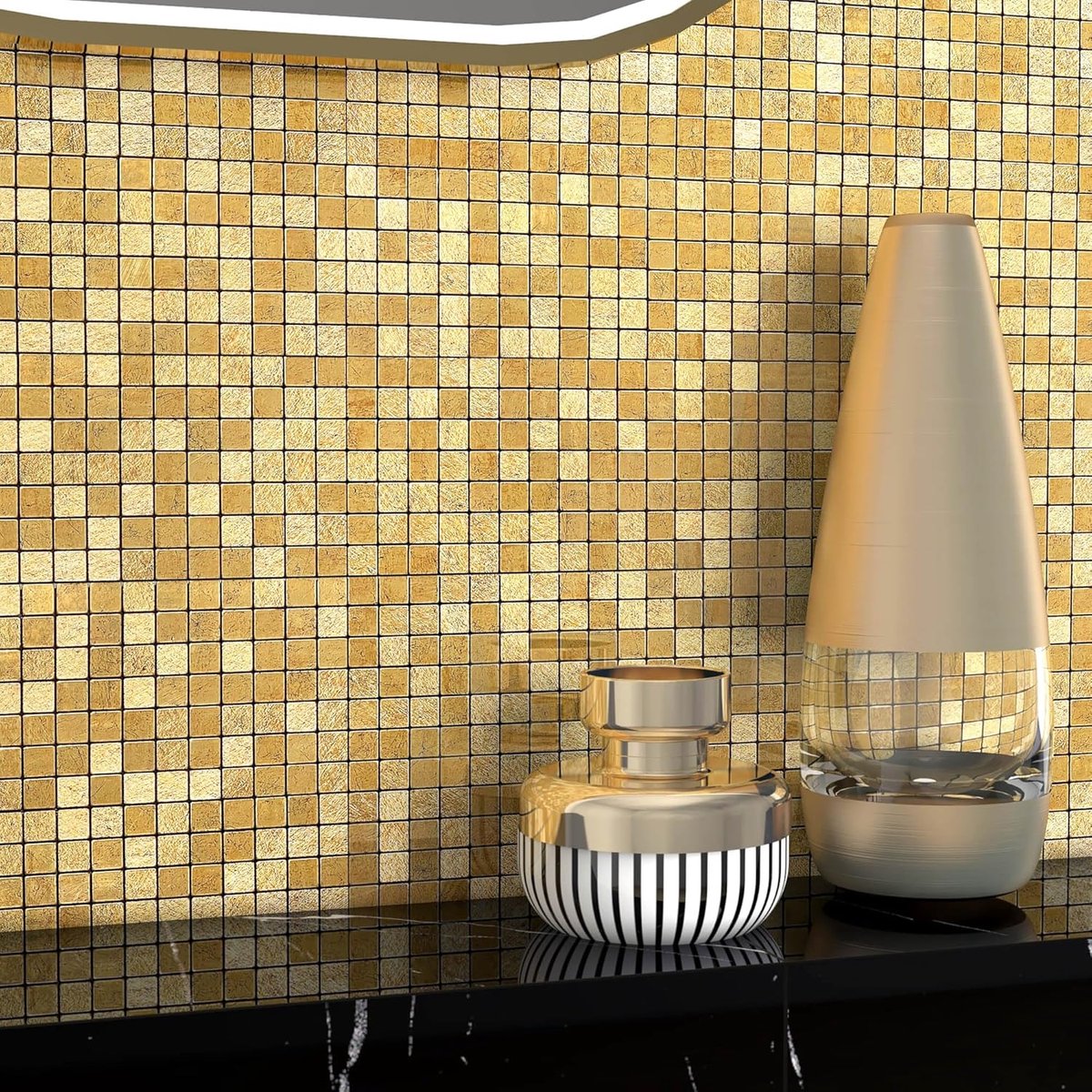 SnelShoppen - VAOVI Metallic Gouden Zelfklevende Tegels voor Keuken Splash Guard, 3D Peel en Plak Wandtegels, Metallic Mozaïek Tegels, Hittebestendige