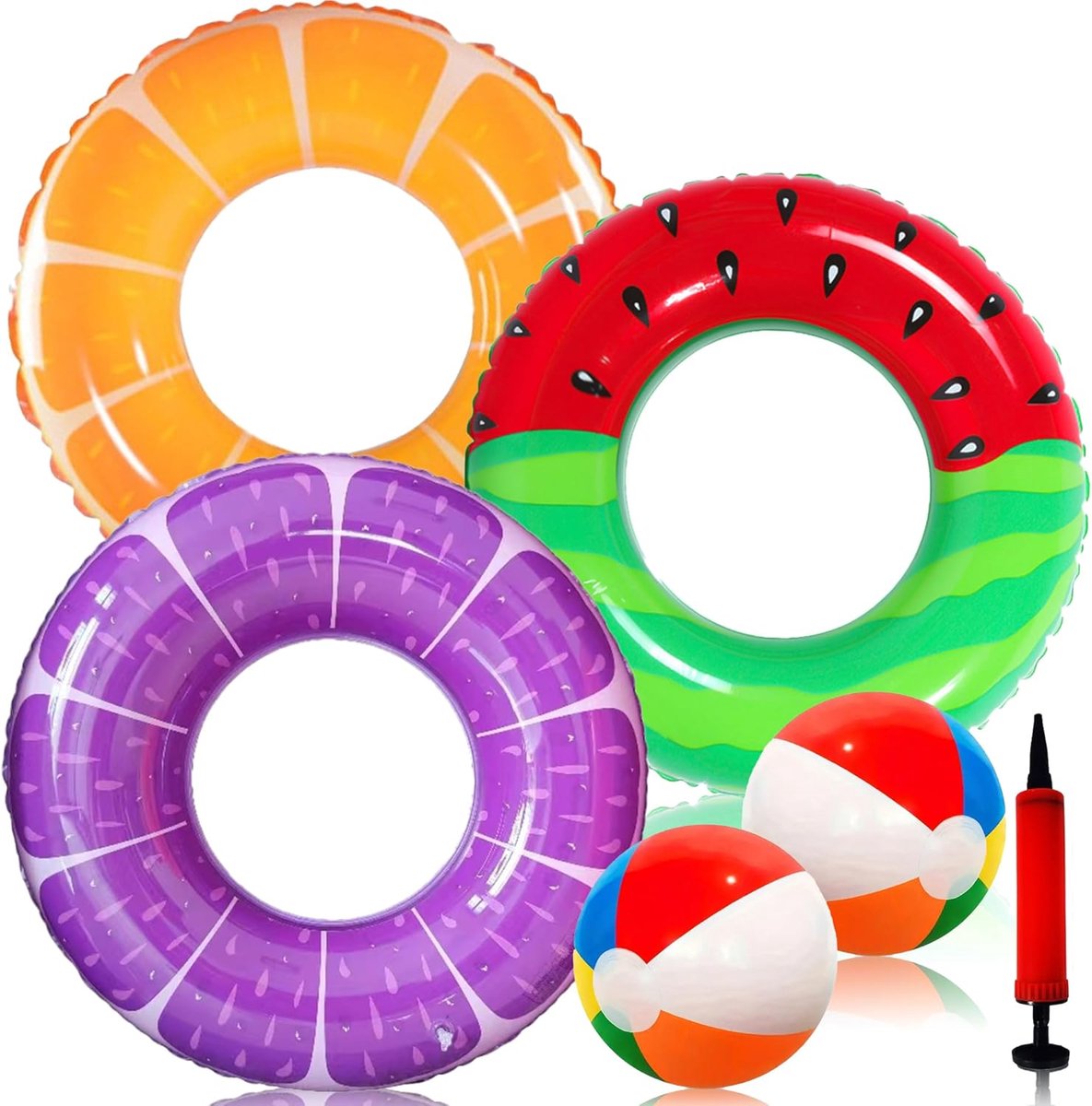SnelShoppen - 5-delige Opblaasbare Zwembad Speelgoed Set, Fruit Motief Drijfringen 90cm + Waterbal met Inflator, Zwemaccessoires voor Kinderen en Volw