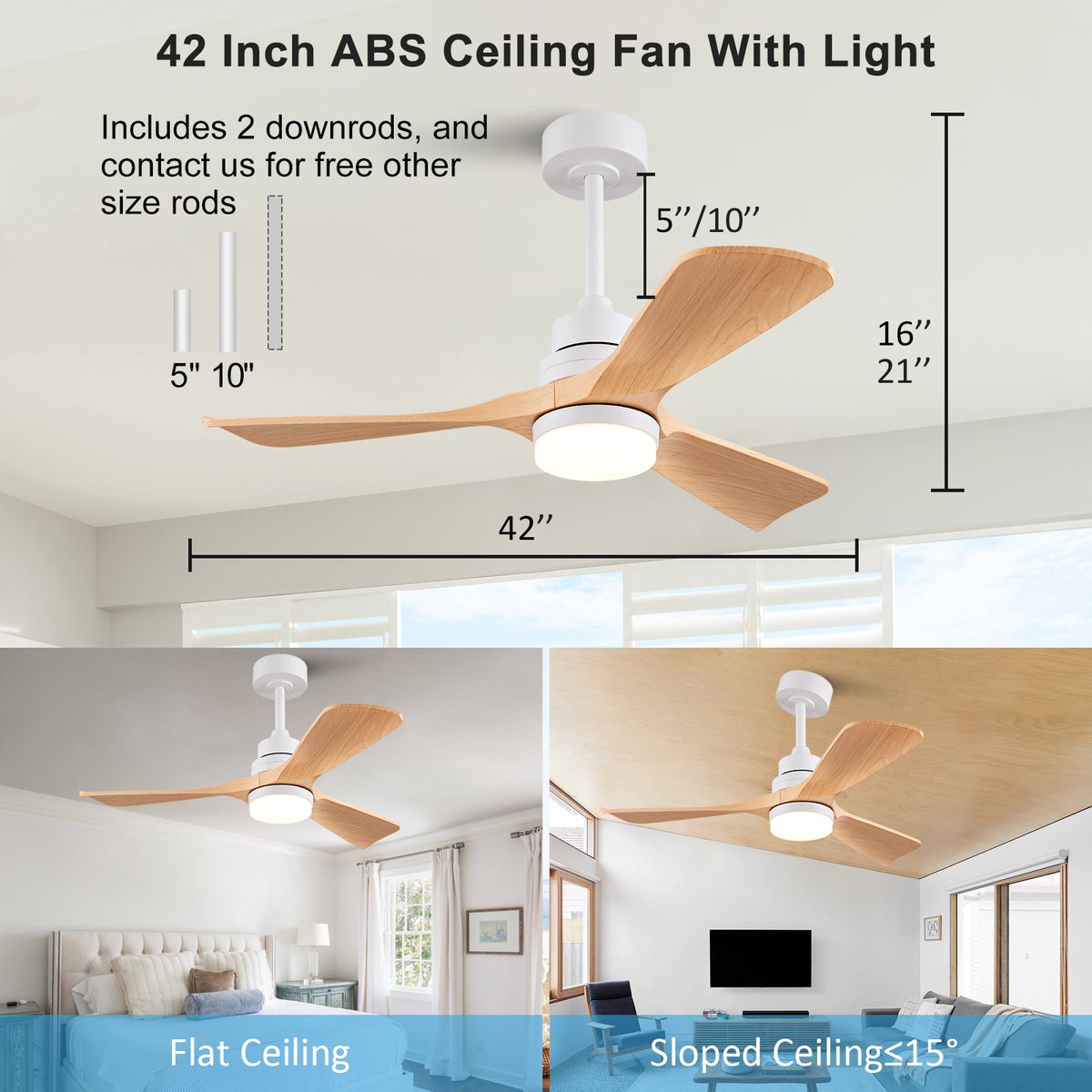 Plafondventilator Met Licht En Afstandsbediening – 42 Inch – 3 ABS Bladen – Omkeerbare Gelijkstroommotor – Wit Natuurlijk – Stil En Dimbaar