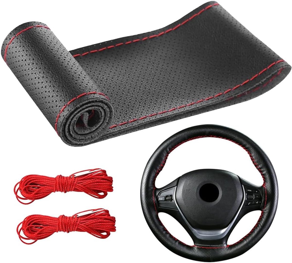 SnelShoppen - Universele Stuurwielcover van Echt Leer, Handgenaaid DIY Stuurwielhoes in Zwart met Rode Naad, Ademend en Comfortabel voor 38 cm Stuurwi