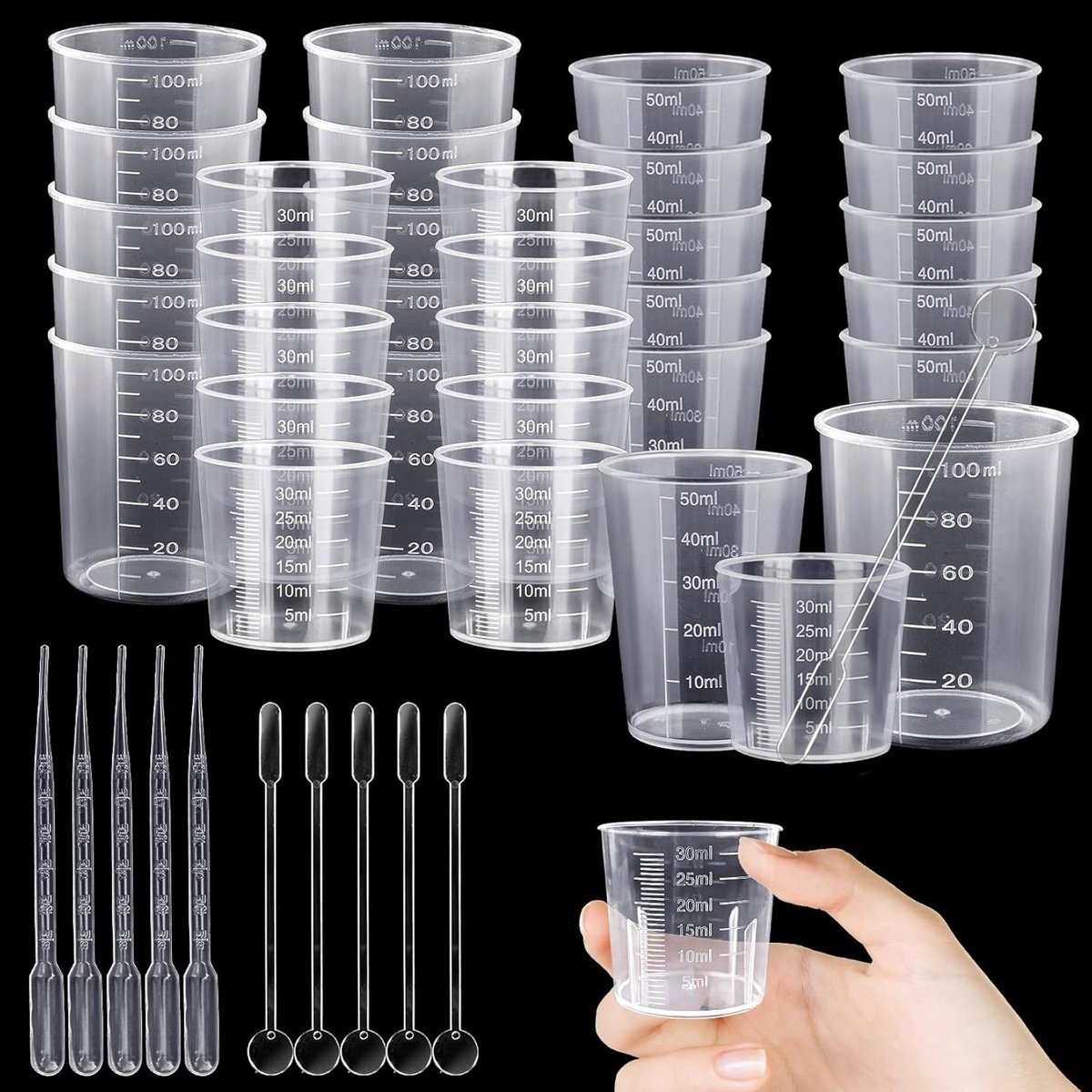 SnelShoppen - 30-delige Set Mengbekers 30ml/50ml/100ml met Pipetten en Roerlepels - Perfect voor Keuken, Feest en Creatieve Projecten