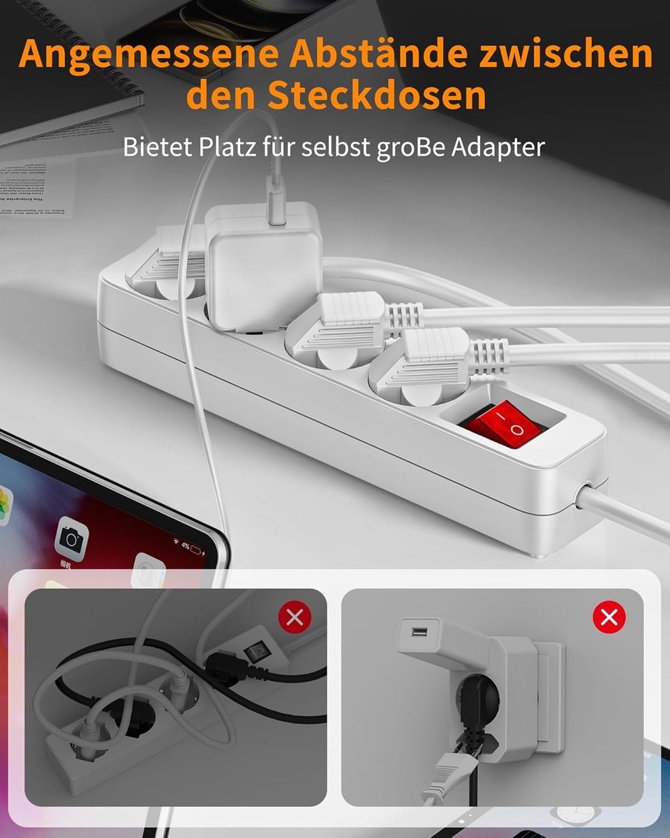 SnelShoppen - 4-Weg Stekkerdoos met Energiezuinige Schakelaar, 3 m Kabel, Kindveilige Contactdozen, Wit, Voor Thuiswerk, Keuken en Meer