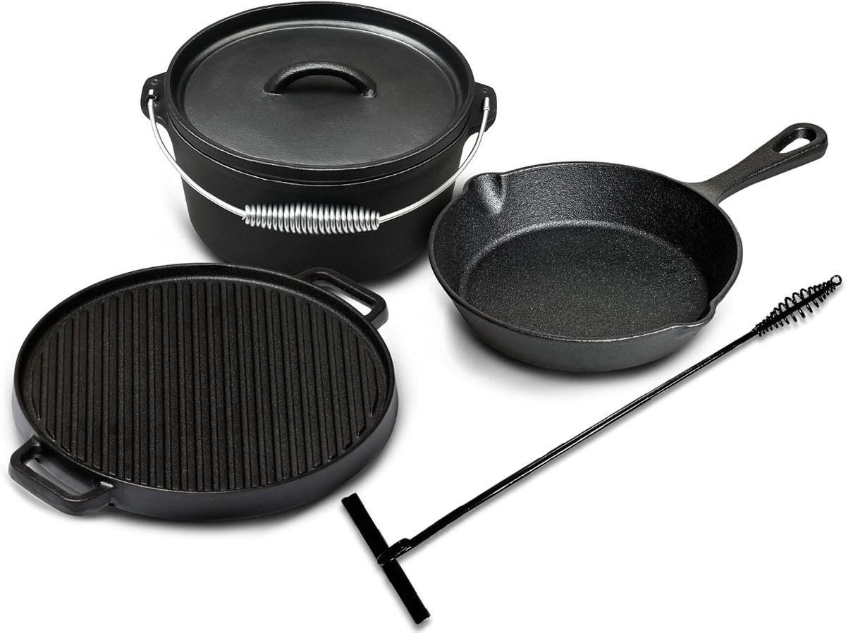 SnelShoppen - Blackwell Dutch Oven BBQ Set Gietijzer - Casserole Ø 20 cm + Grillplaat Ø 30 cm - 4-Delige Set Geschikt voor Keuken, Barbecue en Open Vu