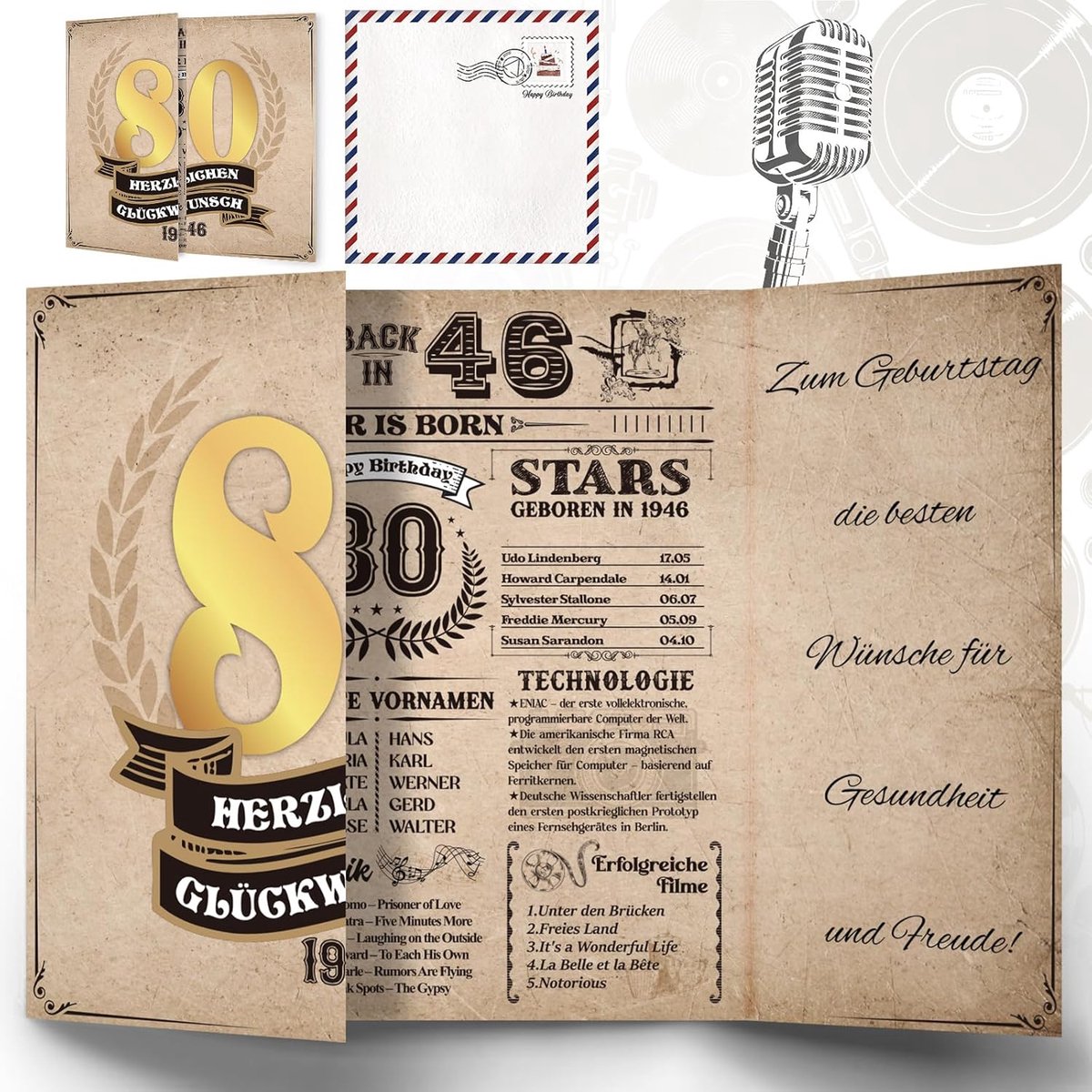 SnelShoppen - Verjaardagskaart 80 jaar, Retro 1946, Vintage verjaardagskaart, Persoonlijk cadeau voor 80e verjaardag, Groetkaart voor feest, Uniek ont