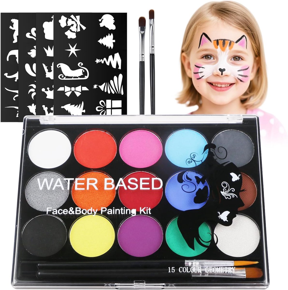 SnelShoppen - Wateroplosbare Verf Set voor Gezicht en Lichaam, 15 Kleuren, Halloween Make-up, Cosplay, Inclusief 2 Professionele Kwasten en 32 Sjablon