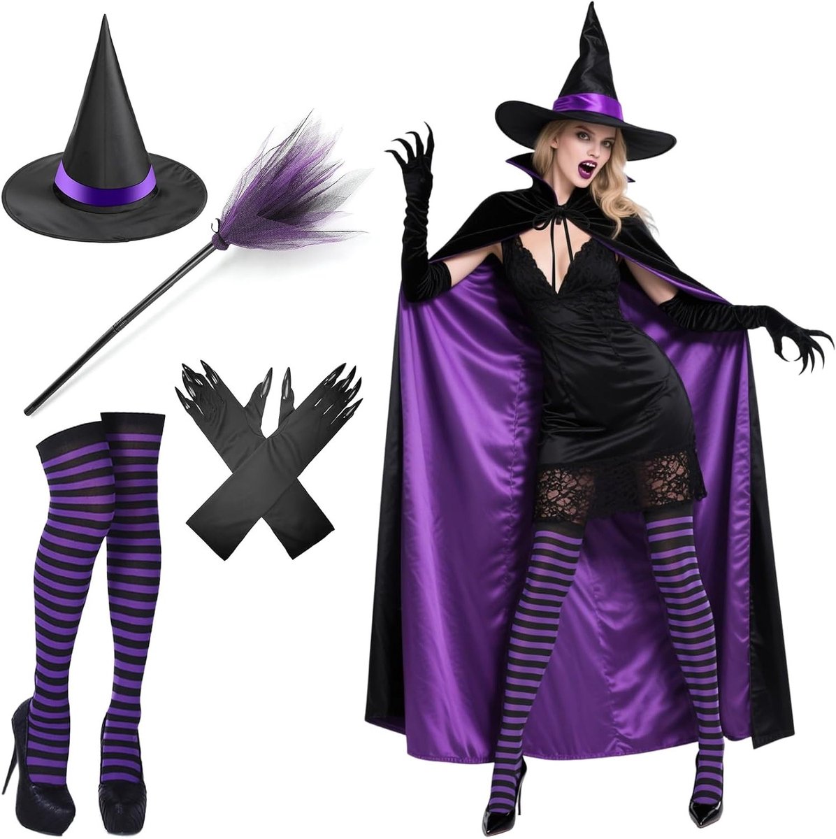 Premium paarse heksenkostuum voor vrouwen met cape, hoed en accessoires voor Halloween feestjes