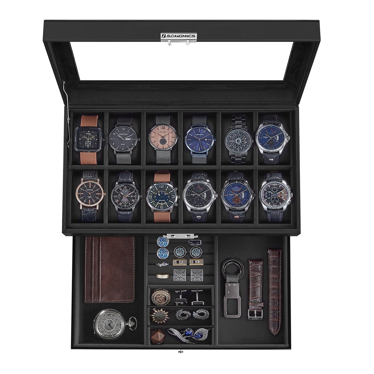 Dailygoods- Horlogedoos met Glazen Deksel - 2 Niveaus - 12 Vakken voor Horloges - Ringen/Armbanden - Afsluitbaar - Hoogwaardige PU met Fluwelen Voering - Sieradenbox