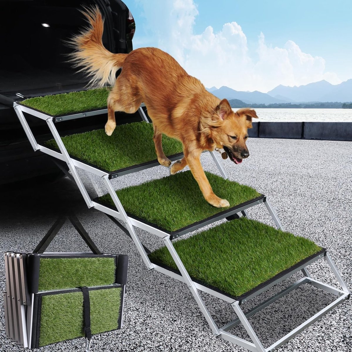 Dailygoods - 4-traps hondentrap voor auto, opvouwbare hondentrap voor grote honden, extra brede antislip kunstgrasoppervlak telescopische draagbare hondenramp voor auto's, SUV, vrachtwagens, ondersteunt