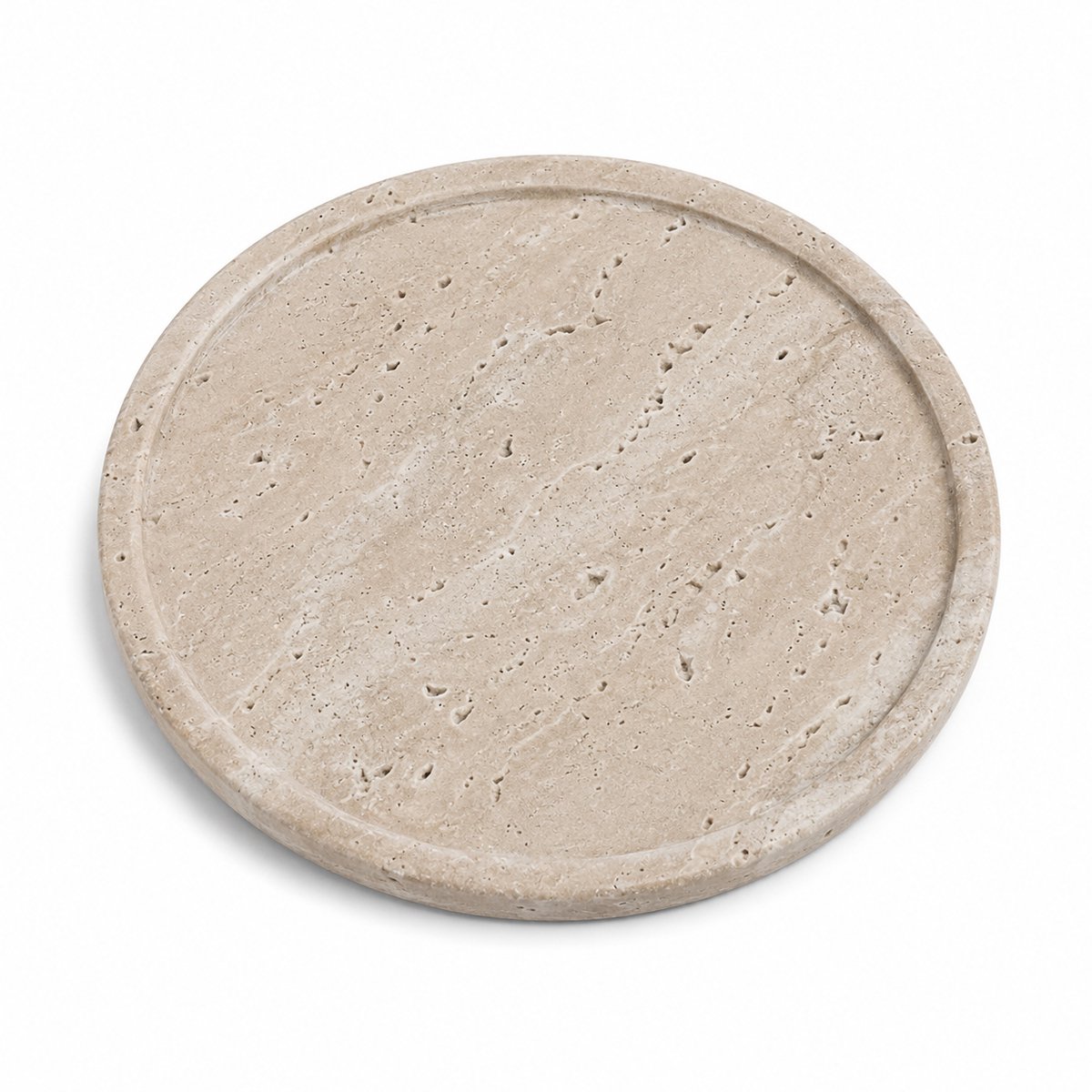 PersisCo Beige Travertin Rond Dienblad met Opstaande Rand – Ø 25 cm – Luxe Natuurstenen Serveerplank, Premium Kaasplank, Tapas Plateau & Decoratieve Tray voor Parfum & Kaarsen