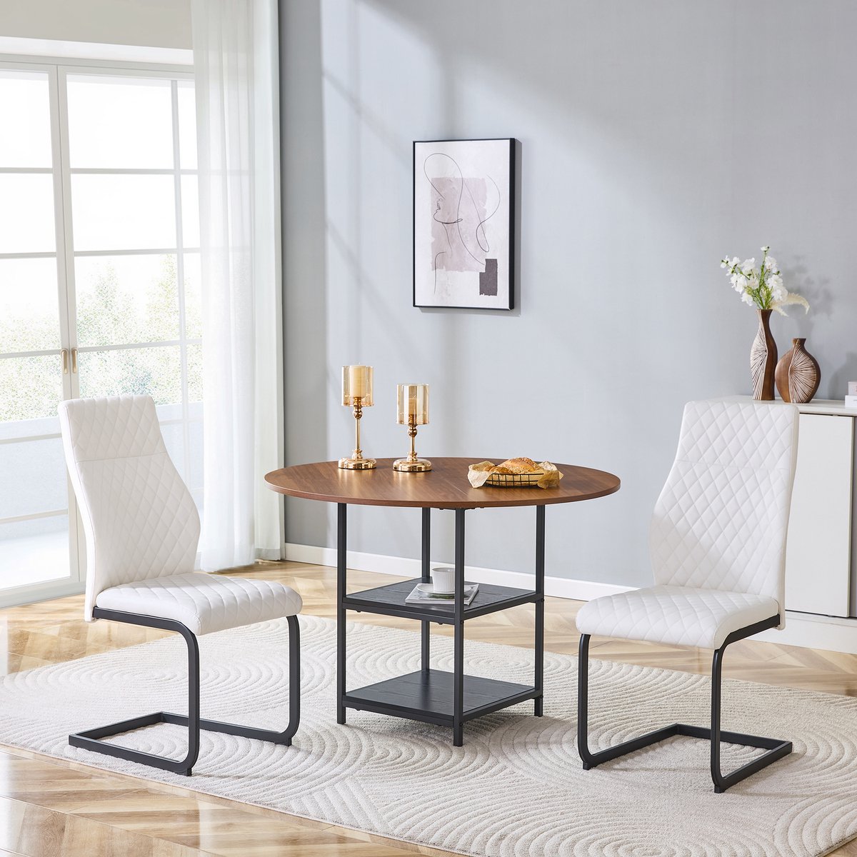 MIVRAY Eethoek 107 cm - Ronde Eettafel Met 2 Stoelen En Dubbele Opbergruimte - Voor Keuken En Eetkamer - MDF Metaal Walnoot, Wit en Zwart