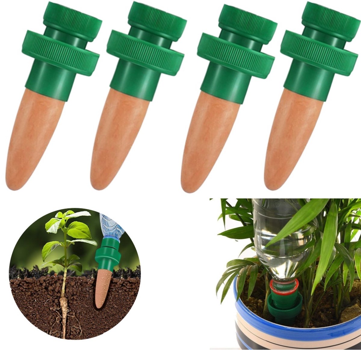 4-delige set: Zelfbewaterende spikes met flessenadapters en steunen – Bewateringskegels – Automatisch plantenbewateringssysteem – Automatische druppelbewatering – Onmisbaar hulpmiddel voor zelfbewatering tijdens reizen en zakenreizen