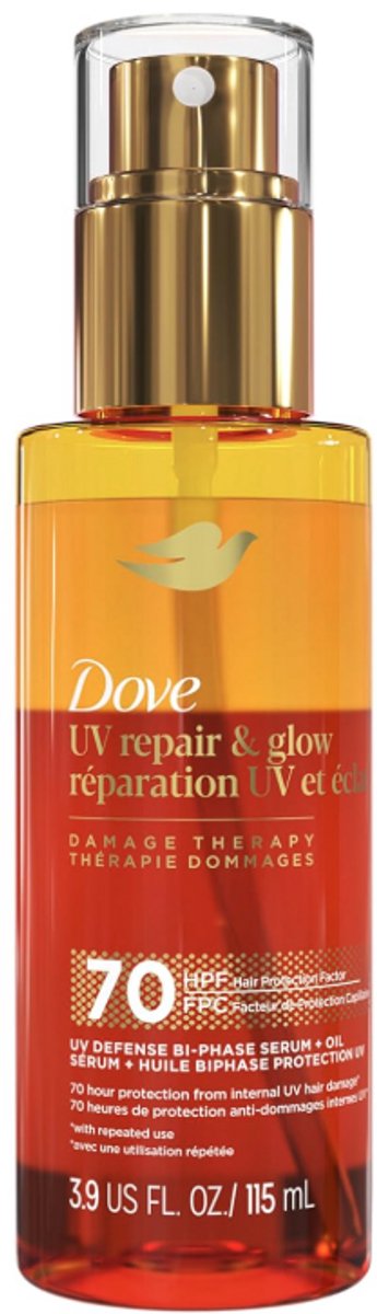 Dove Damage Therapy UV Repair & Glow Bi-Phase Serum + Oil 115 ml – Leave-in Haarserum met Ferulic Serum – UV-Bescherming – Glans & Hydratatie
