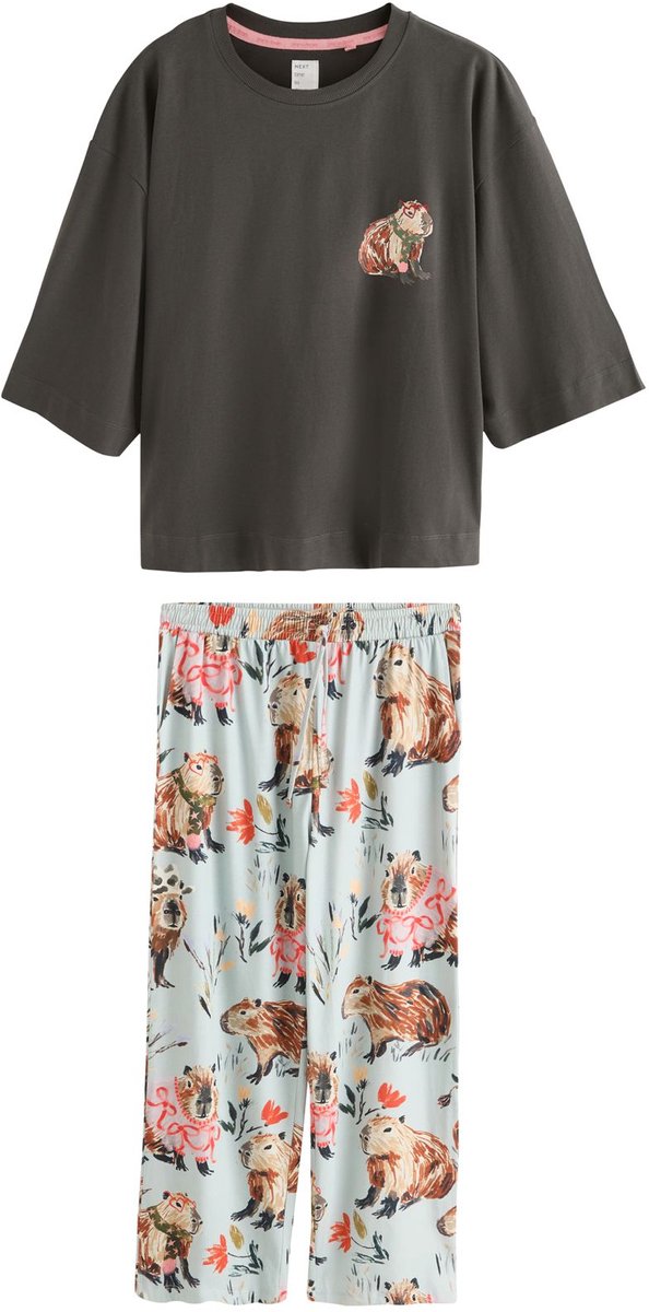 Next Dames - Tricot pyjama met korte mouwen - Tall - Grijs Charcoal Grey Capybara